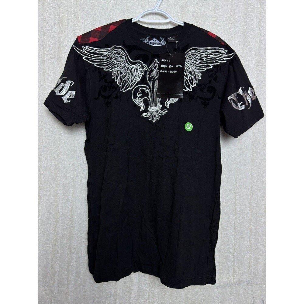NWT Clench Graphic Embroidered Tee Mens L Black Gothic Angel Wings Y2K Shirt
